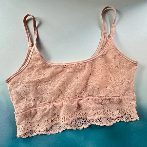 Etam Nude Lace Bralette Women’s Size L Floral Sheer Stretch Longline Crop Top - Picture 4 of 5